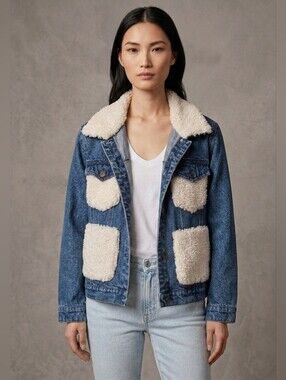 Machine Jeans Sherpa Patchwork Denim Jacket Size L (US 30)